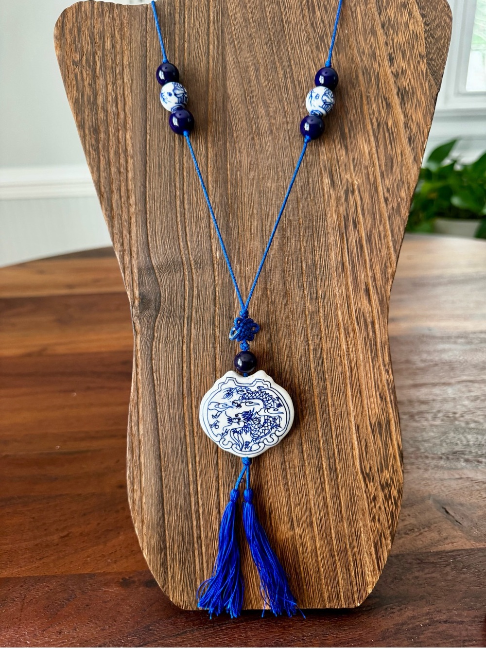 Vintage Chinese Porcelain Dragon Necklace Blue White Silk Tassel Asian Barrel